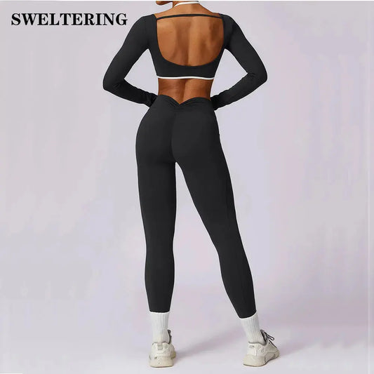 2 Pieces Women Tracksuit Yoga Set Workout Sportswear Gym Clothing Fitness Long Sleeve Crop Top High Waist Leggings Sports Suits - SlimmingHut