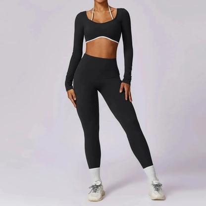 2 Pieces Women Tracksuit Yoga Set Workout Sportswear Gym Clothing Fitness Long Sleeve Crop Top High Waist Leggings Sports Suits - SlimmingHut