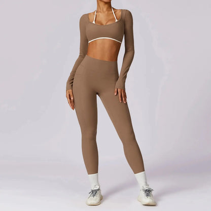 2 Pieces Women Tracksuit Yoga Set Workout Sportswear Gym Clothing Fitness Long Sleeve Crop Top High Waist Leggings Sports Suits - SlimmingHut