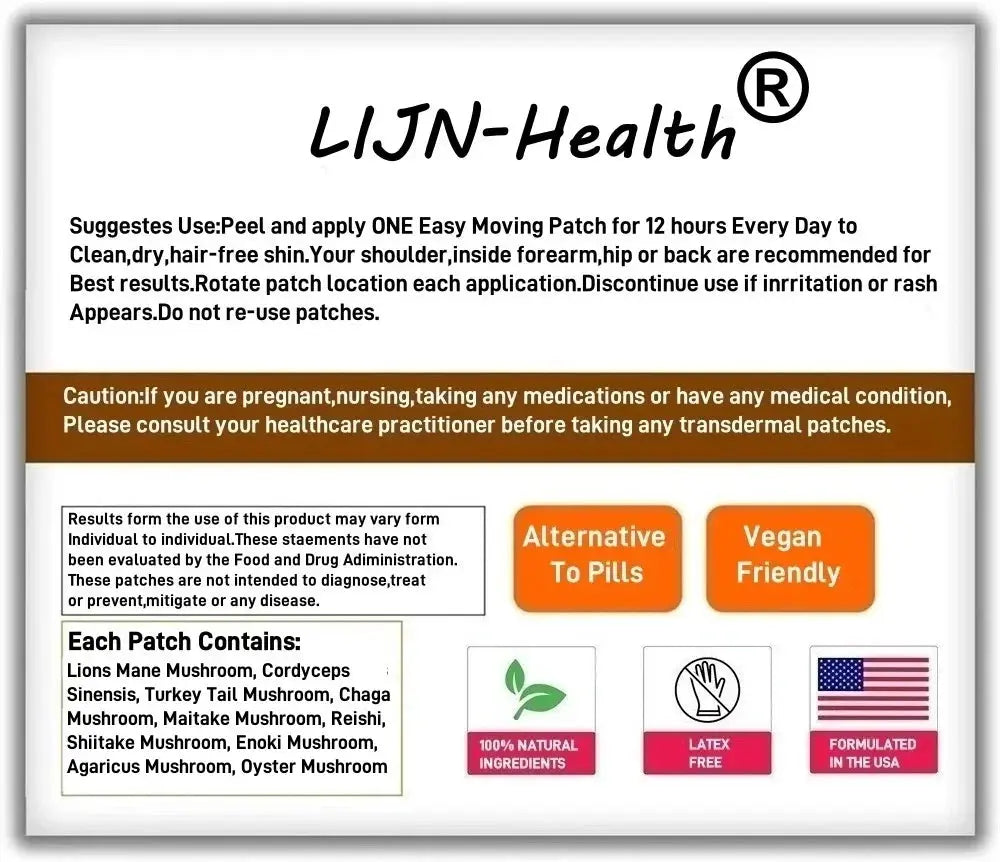 30 Patches 10 in1 Lions Mane Complex Transdermal Patches - Blended with Cordyceps Sinensis, Reishi Mushroom Turkey Tail Mushroom - SlimmingHut