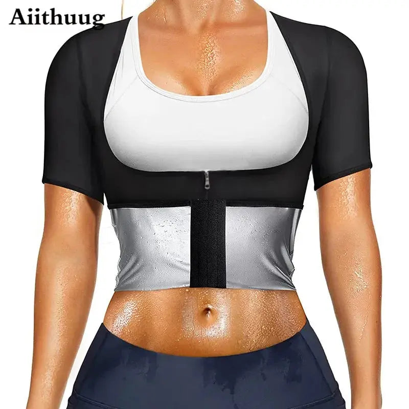 Aiithuug Women Weight Loss Corsets Body Shaper Corset Slim Fat Burn Shirt 5 Times Sweating Short Sleeve Polymer Sauna Sweat Suit - SlimmingHut