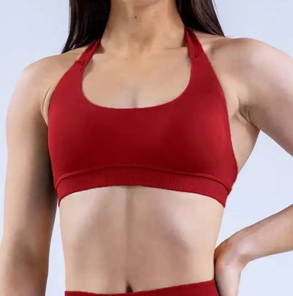 Dfyne Impact Sports Bra With Logo Women Seamless Halter Neck Strap Bra Padded Open Back Yoga Top Bra Medium Support Gym Crop Top - SlimmingHut