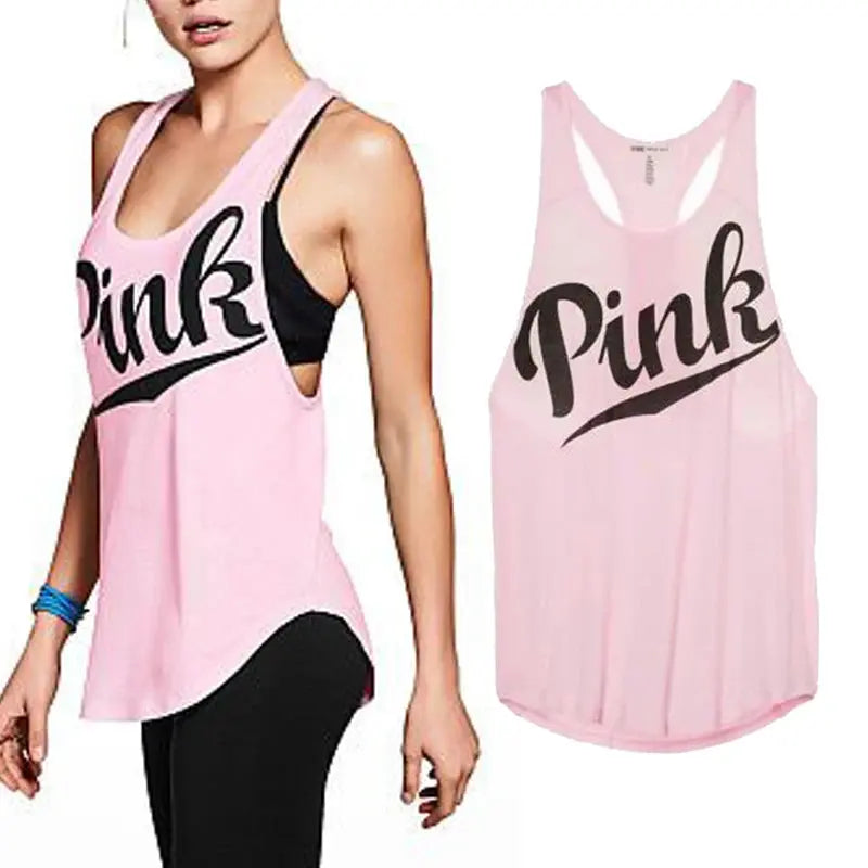 Hirigin New Women Yoga Vest Fitness Stretch Workout Sleeveless Tank Tops Summer Casual Loose Pink Love Letter Sportswear - SlimmingHut