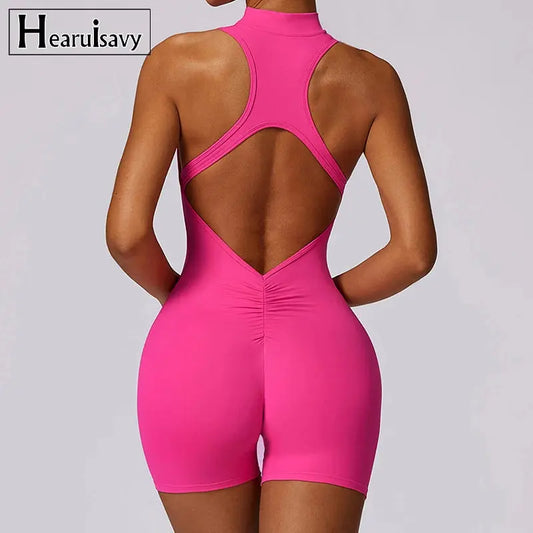 New V Back Scrunch Sports Jumpsuit Women Gym Rompers Sleeveless Sportswear Bodysuits Women Zipper One-Piece Suit Yoga Clothing - SlimmingHut