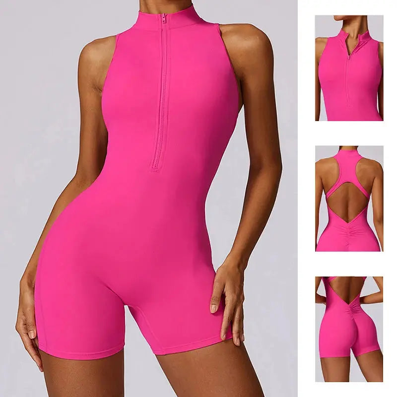 New V Back Scrunch Sports Jumpsuit Women Gym Rompers Sleeveless Sportswear Bodysuits Women Zipper One-Piece Suit Yoga Clothing - SlimmingHut