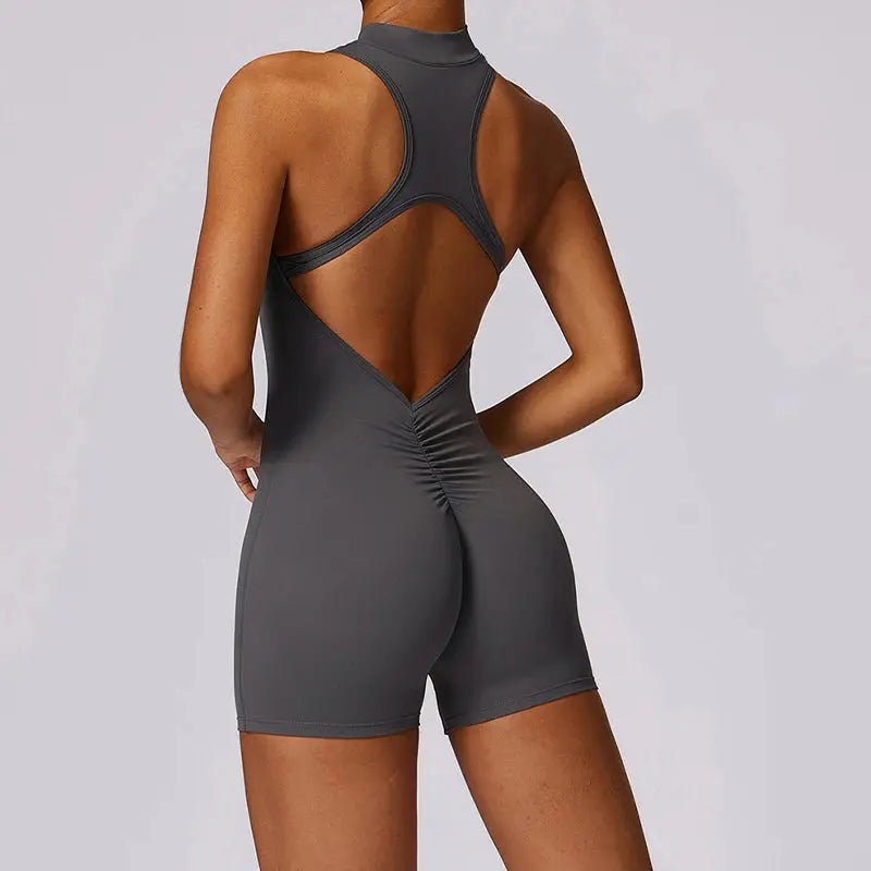 New V Back Scrunch Sports Jumpsuit Women Gym Rompers Sleeveless Sportswear Bodysuits Women Zipper One-Piece Suit Yoga Clothing - SlimmingHut