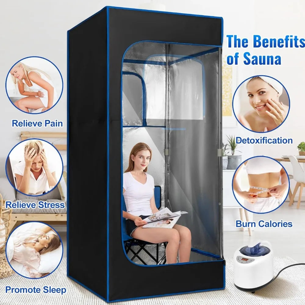 X-Vcak Portable Steam Sauna Tent Sauna Box with 2.6L Steamer, Remote Control, Folding Chair, 9 Levels, Black with Blue SlimmingHut