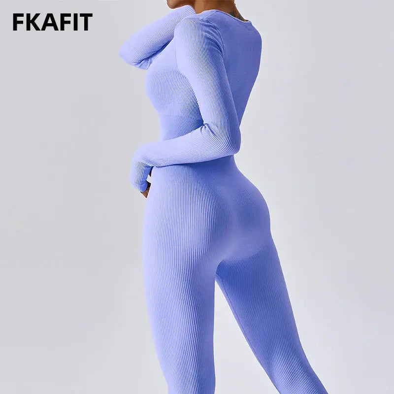 Women Yoga Jumpsuits One Piece Workout Ribbed Long Sleeve Rompers Square Neck Sport Exercise Bodysuits Gym Sportswear - SlimmingHut