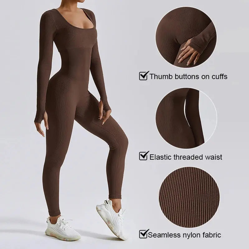 Women Yoga Jumpsuits One Piece Workout Ribbed Long Sleeve Rompers Square Neck Sport Exercise Bodysuits Gym Sportswear - SlimmingHut