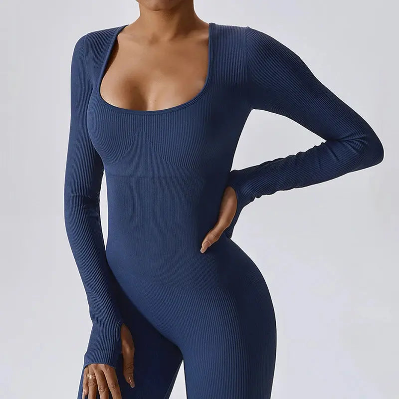 Women Yoga Jumpsuits One Piece Workout Ribbed Long Sleeve Rompers Square Neck Sport Exercise Bodysuits Gym Sportswear - SlimmingHut