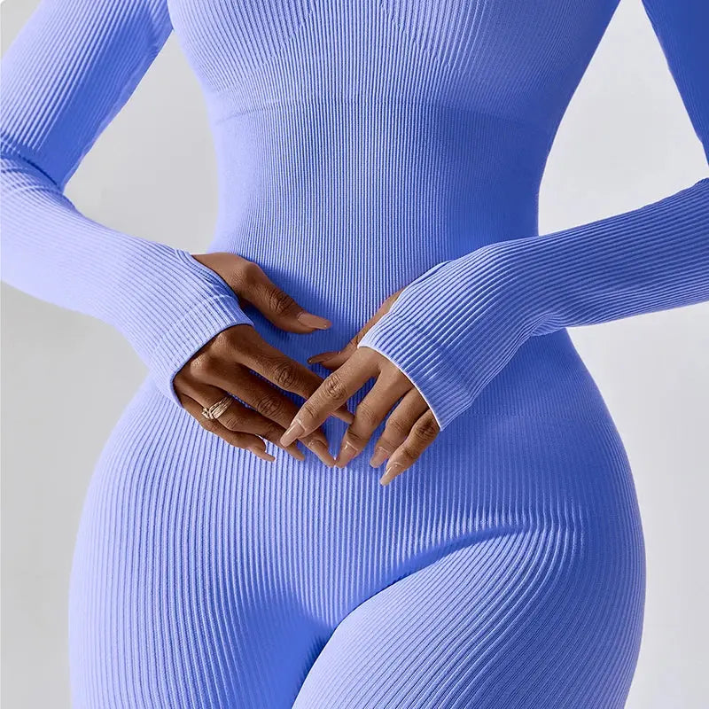 Women Yoga Jumpsuits One Piece Workout Ribbed Long Sleeve Rompers Square Neck Sport Exercise Bodysuits Gym Sportswear - SlimmingHut